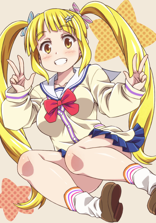 1girl, arihitom, blonde_hair, blush, bow, breasts, collared_shirt, double_v