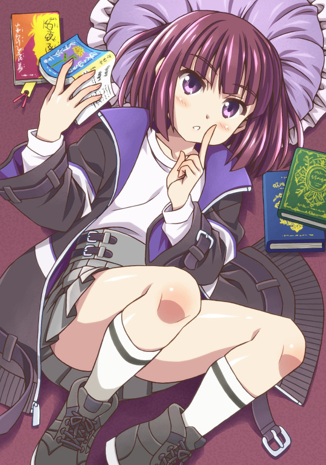 1girl, arihitom, ass, black_footwear, black_jacket, blush, bob_cut, book