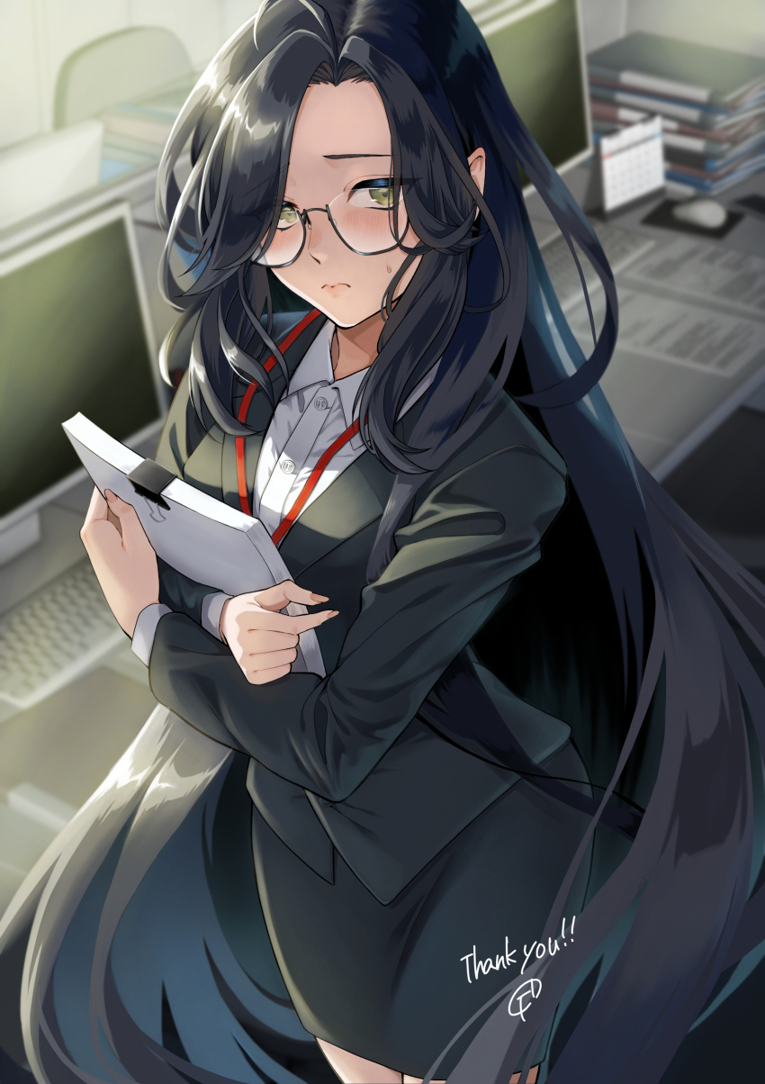 1girl, absurdres, ahoge, black_hair, black_jacket, black_skirt, blazer, blurry