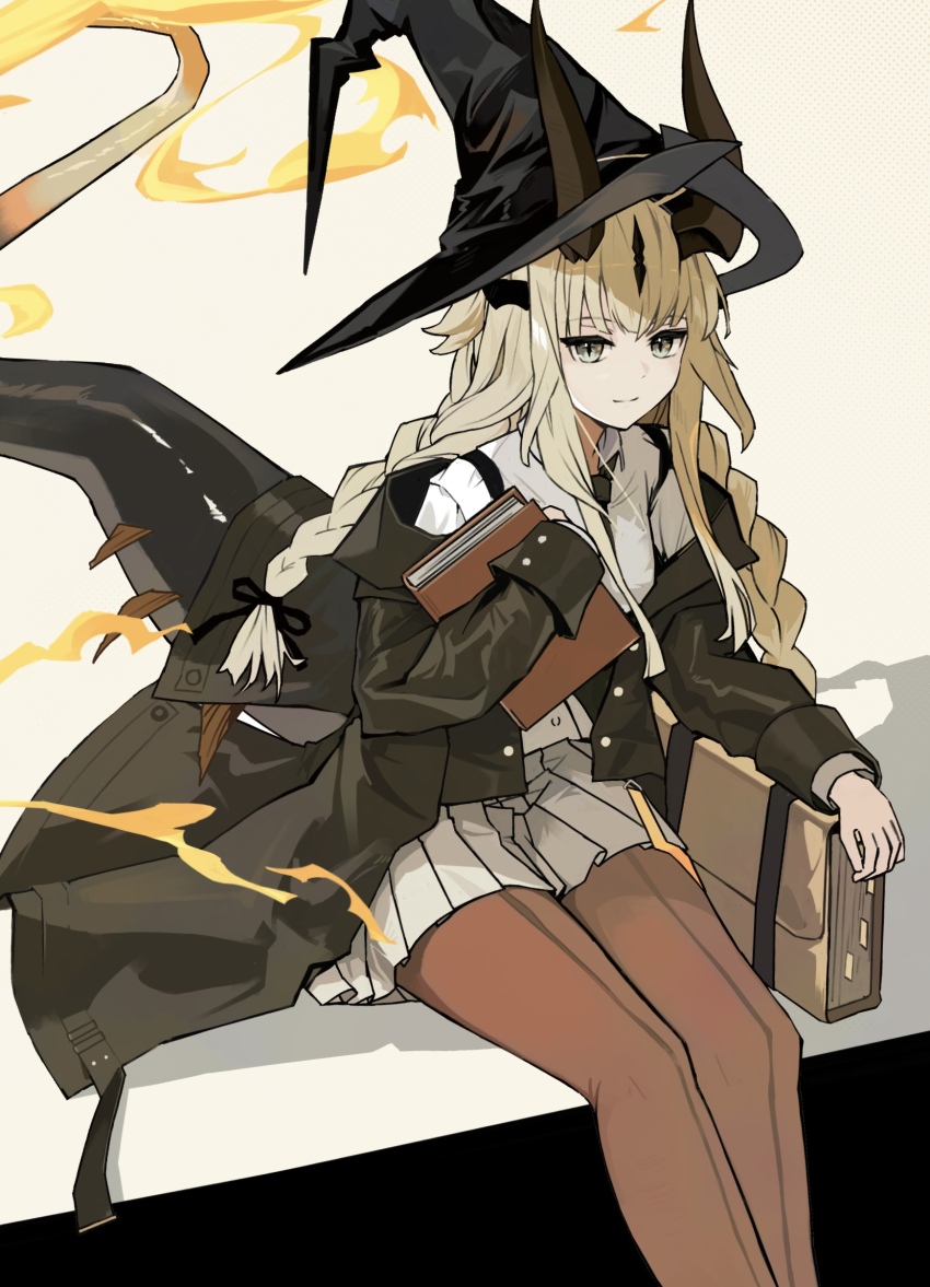 1girl, absurdres, arknights, black_coat, black_hat, black_horns, black_ribbon, blonde_hair, book, braid, brown_pantyhose, closed_mouth, coat, commentary, feet_out_of_frame, fire, front-seamed_legwear, grey_eyes, hair_ribbon, hat, highres, holding, holding_book, horns, light_smile, long_hair, long_sleeves, looking_at_viewer, off_shoulder, official_alternate_costume, open_clothes, open_coat, pantyhose, pleated_skirt, reed_(arknights), reed_the_flame_shadow_(arknights), reed_the_flame_shadow_(curator)_(arknights), ribbon, seamed_legwear, shirt, sitting, skirt, solo, split_mouth, sun_showdmp, tail, white_shirt, white_skirt
