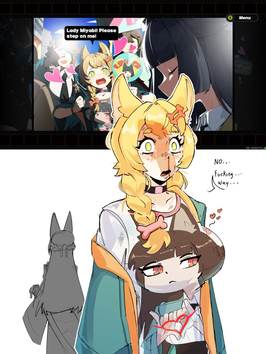 absurdres, aroused_nosebleed, black_choker, black_hair, black_necktie, black_skirt, blood, bone_hair_ornament, braid, breasts, choker, closed_eyes, crying, crying_with_eyes_open, cupperexe, english_text, female_pervert, foot_worship, footprint_on_body, footprint_on_face, footprints, fox_girl, from_behind, game_screenshot, game_screenshot_inset, green_jacket, hair_ornament, heart, heart_hands, highres, hoshimi_miyabi, huge_breasts, jacket, long_hair, looking_at_another, multiple_girls, necktie, nosebleed, orange_eyes, pervert, reference_inset, screenshot_inset, shirt, sidelocks, skirt, sparkling_eyes, tears, yellow_eyes, yuri, zenless_zone_zero