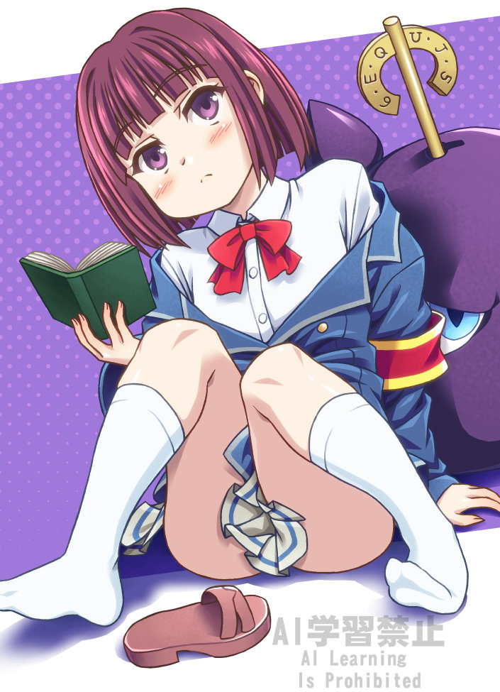 1girl, 1other, arihitom, ass, blazer, blush, bob_cut, book