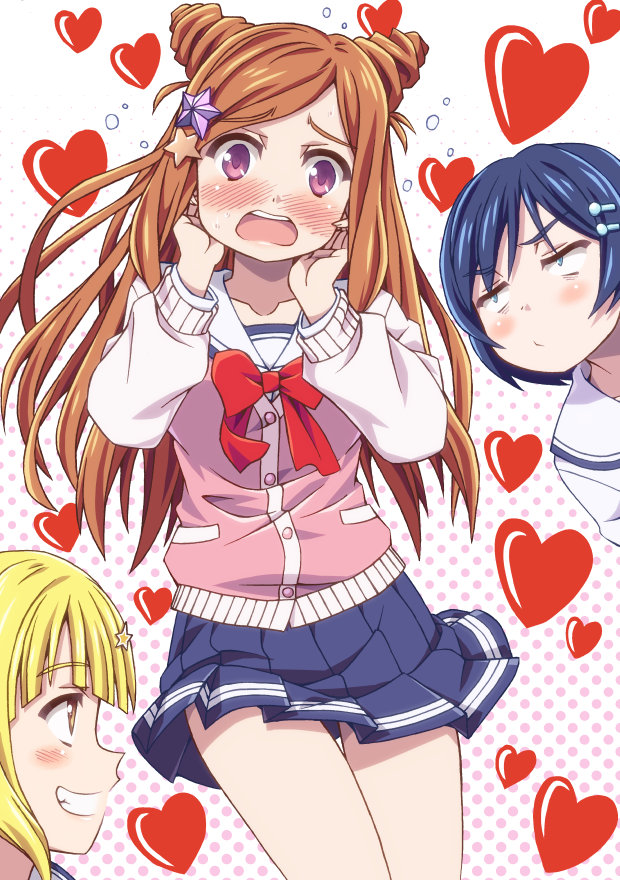 3girls, arihitom, asobe_iroha, blonde_hair, blue_skirt, blush, brown_hair, collarbone