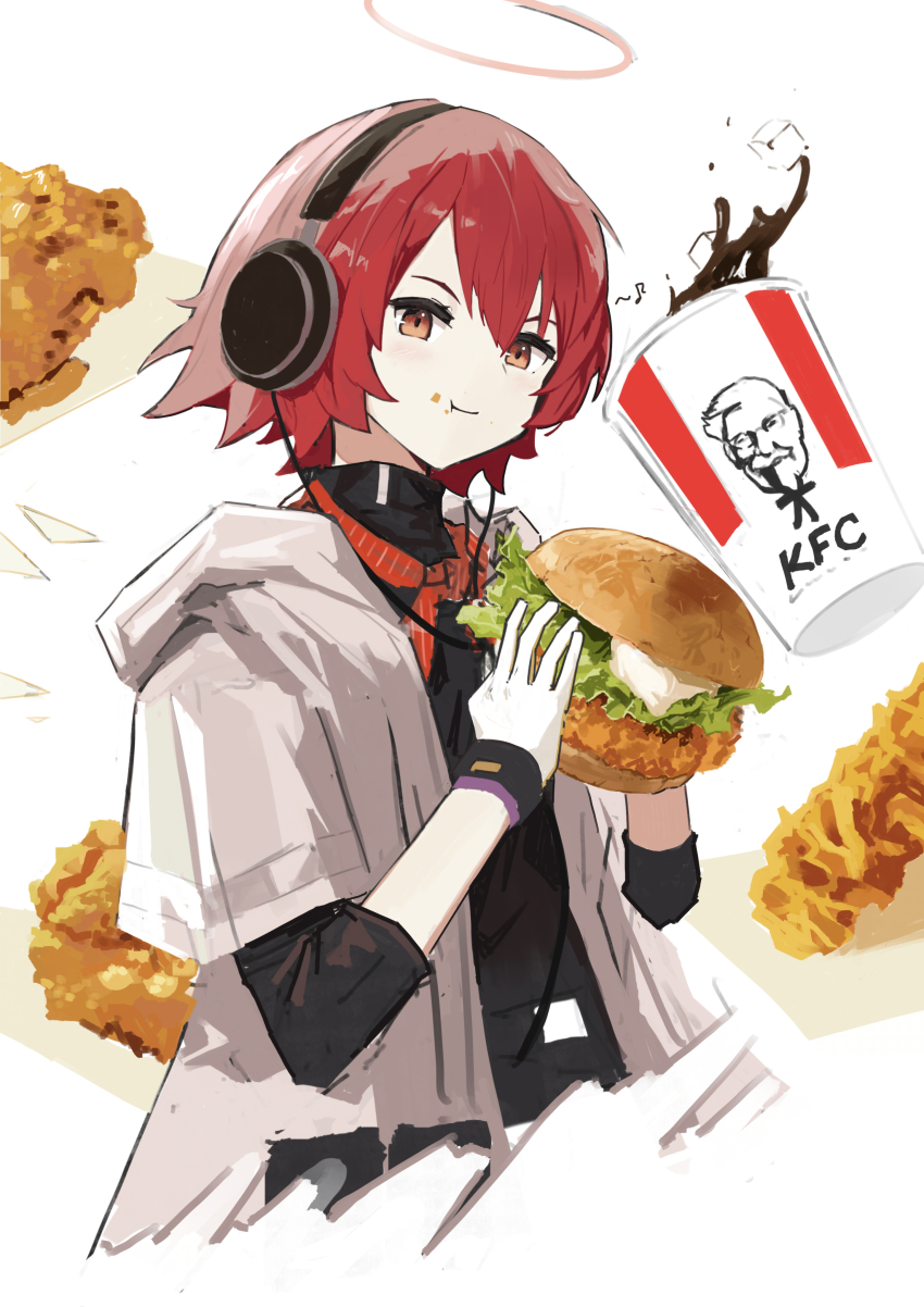 1girl, :t, absurdres, arknights, black_shirt, brown_eyes, burger, chicken_(food), chicken_sandwich, cola, commentary, cup, detached_wings, disposable_cup, eating, exusiai_(arknights), exusiai_(city_rider)_(arknights), food, food_on_face, fried_chicken, gloves, halo, headphones, highres, holding, holding_burger, holding_food, hood, hooded_jacket, ice, ice_cube, jacket, kfc, looking_at_viewer, neckerchief, official_alternate_costume, open_clothes, open_jacket, product_placement, red_hair, red_neckerchief, shirt, short_hair, short_sleeves, simple_background, smile, solo, sun_showdmp, traditional_halo, white_background, white_gloves, white_jacket, wings