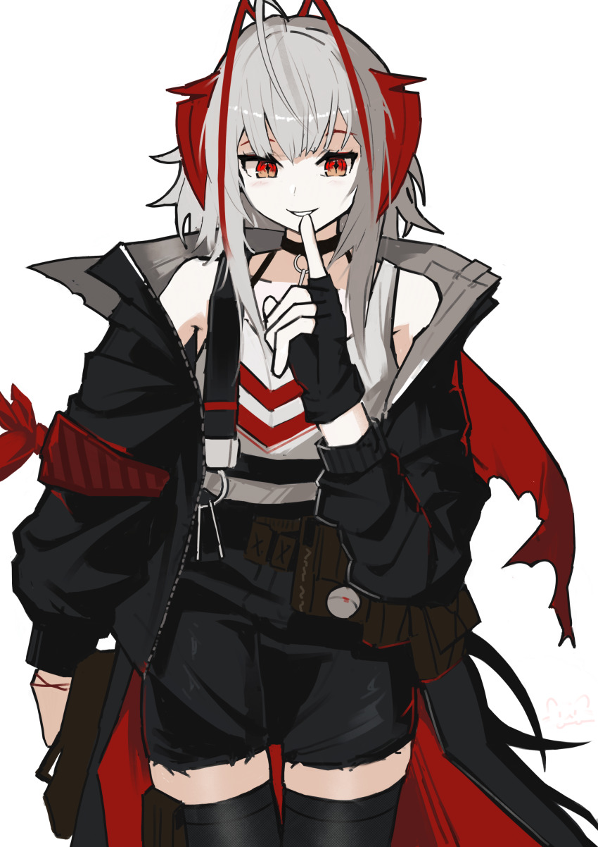 1girl, absurdres, ahoge, antenna_hair, arknights, bare_shoulders, black_choker, black_coat