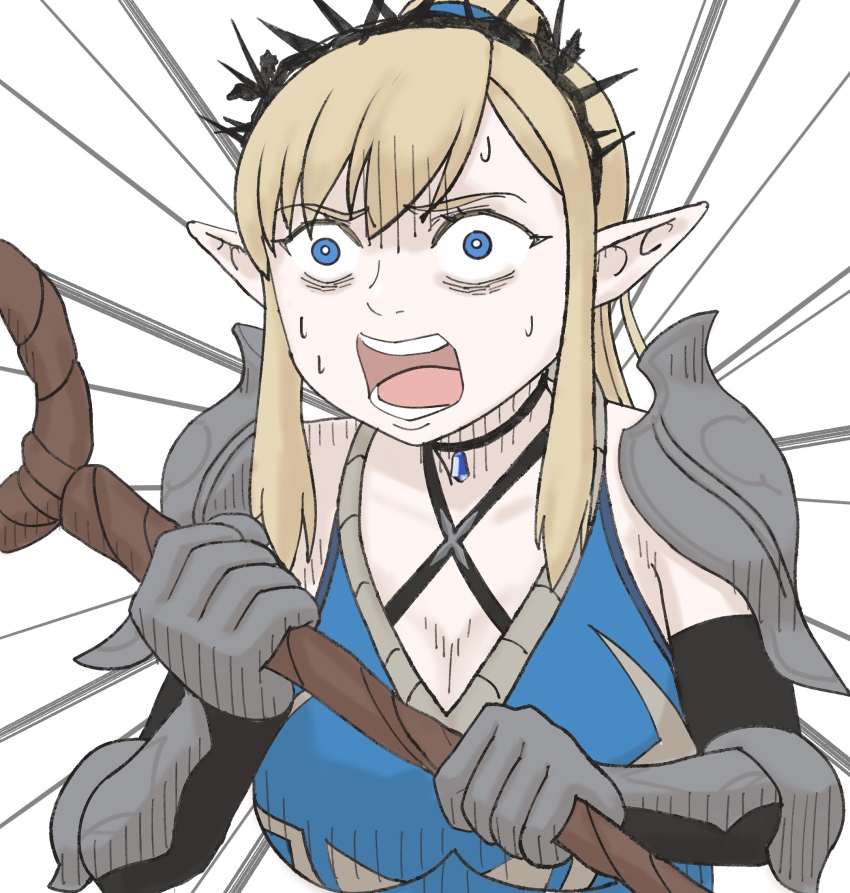 1girl, armor, bags_under_eyes, blonde_hair, blue_eyes, breasts, choker, cleavage, dungeon_meshi, elbow_gloves, elf, emphasis_lines, flut_(wizardry), gauntlets, gloves, hair_between_eyes, highres, holding, holding_staff, marcille_donato, odango_(artist), open_mouth, parody, pauldrons, pointy_ears, screaming, shoulder_armor, simple_background, staff, sweatdrop, white_background, wide-eyed, wizardry, wizardry_variants_daphne