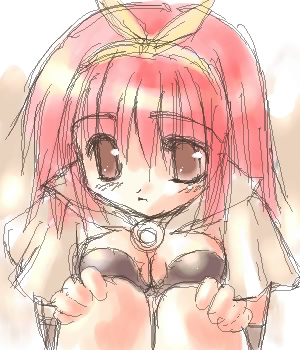 1girl, 2000s_(style), archived_source, breasts, brown_eyes, capelet, cleavage, cosplay, fujimiya_misuzu, hair_between_eyes, hairband, hands_on_own_knees, jaggy_lines, kamigishi_akari, lowres, mage_(ragnarok_online), mage_(ragnarok_online)_(cosplay), medium_breasts, ragnarok_online, red_hair, short_hair, solo, to_heart, to_heart_(series), white_capelet, yellow_hairband