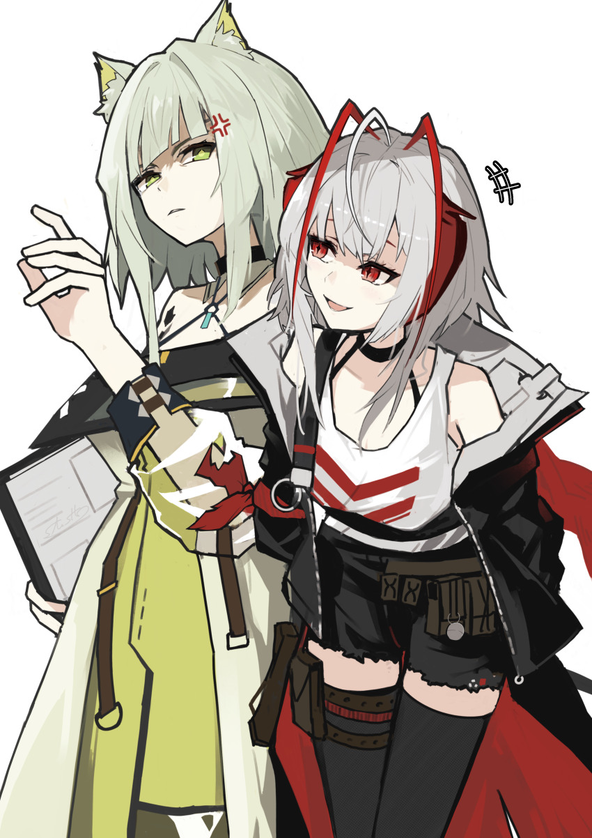 +++, 2girls, absurdres, ahoge, anger_vein, animal_ear_fluff, animal_ears, antenna_hair, arknights, black_jacket, black_shorts, black_thighhighs, cat_ears, cat_girl, commentary, dress, green_dress, green_eyes, green_hair, highres, horns, jacket, kal'tsit_(arknights), lab_coat, looking_at_another, material_growth, medium_hair, multiple_girls, off_shoulder, open_clothes, open_jacket, open_mouth, oripathy_lesion_(arknights), red_eyes, see-through_clothes, see-through_sleeves, shorts, simple_background, sun_showdmp, tank_top, thighhighs, w_(act_ii)_(arknights), w_(arknights), white_background, white_hair, white_tank_top
