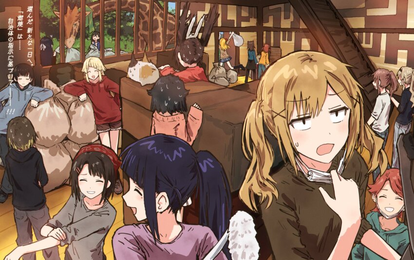 6+girls, aijo_karen, aimoto_rinku, akashi_maho, animal_ears, bandana, bang_dream!, bang_dream!_girls_band_party!, bushiroad, cat, cleaning, closed_eyes, company_connection, d4dj, duster, giraffe_(revue_starlight), hanazono_tae, highres, holding, holding_duster, hood, hoodie, ichigaya_arisa, isurugi_futaba, kagura_hikari, mask, mouth_mask, multiple_girls, ohnaruto_muni, okusawa_misaki, rabbit_ears, saijo_claudine, shoujo_kageki_revue_starlight, sleeves_pushed_up, smile, stairs, sweater, togetsu_rei, toyama_kasumi, translation_request, trash_bag, tsurumaki_kokoro, tsuyuzaki_mahiru, twintails, ushigome_rimi, yamabuki_saya, yukitake_(bullfalk)