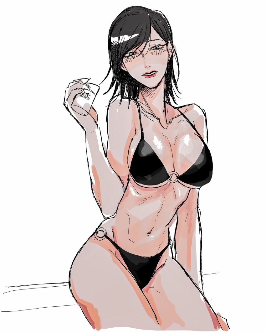 1girl, bikini, black_bikini, black_hair, breasts, collarbone, cowboy_shot, grey_eyes