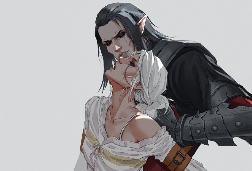 1boy, 1girl, aleksandra_skiba, armor, black_hair, ciri, elf, eredin_breacc_glas, grey_background, open_mouth, pointy_ears, shirt, simple_background, the_witcher_(series), the_witcher_3, upper_body, white_hair, white_shirt