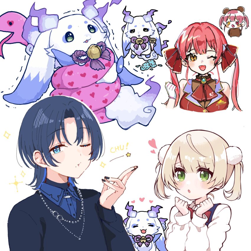 1other, 3girls, :o, animal_costume, animal_hood, ascot, bear_costume, bear_hood