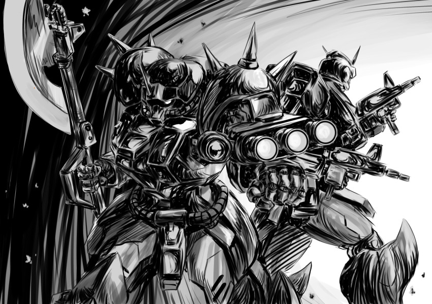 aiming, aiming_at_viewer, arm_cannon, commentary_request, dual_wielding, efreet_(mobile_suit), gun, gundam