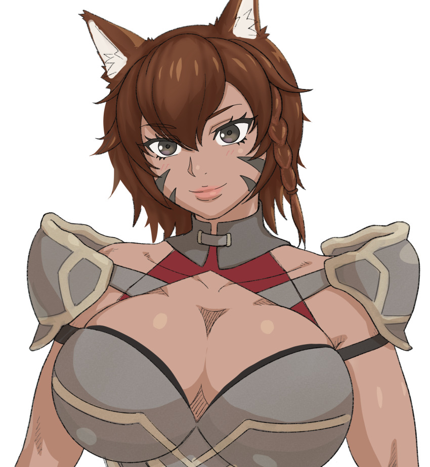 1girl, animal_ears, armor, blush, boobplate, breastplate, breasts, brown_hair