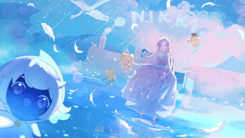 1girl, ^_^, absurdres, animal, bare_shoulders, beanie_(infinity_nikki), bird, blue_sky