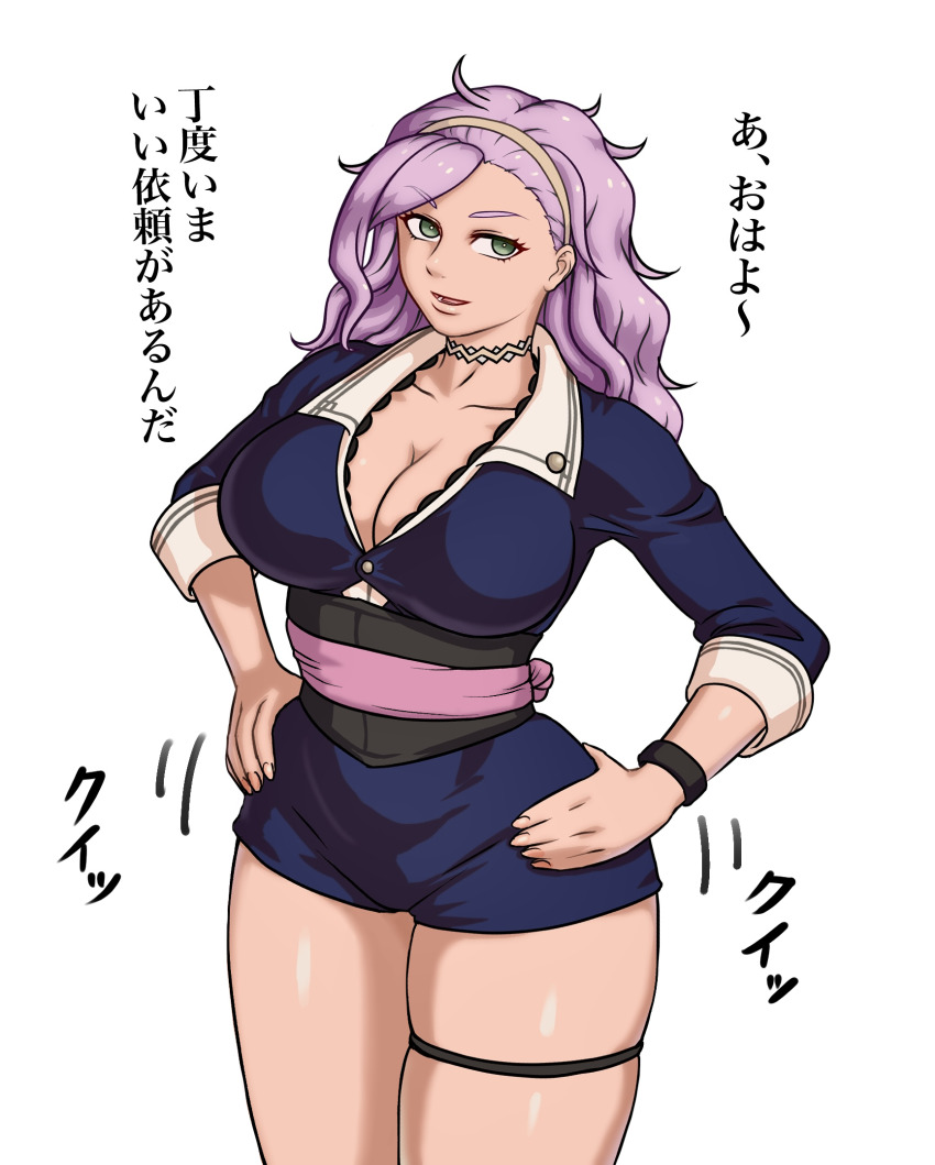 1girl, arna_(wizardry), breasts, choker, cleavage, collarbone, collared_shirt, green_eyes, hairband, hands_on_own_hips, highres, large_breasts, looking_at_viewer, odango_(artist), purple_hair, purple_sash, receptionist, sash, shiny_skin, shirt, shorts, simple_background, skindentation, sleeve_cuffs, tagme, thigh_strap, translation_request, unbuttoned, white_background, wizardry, wizardry_variants_daphne, wristband