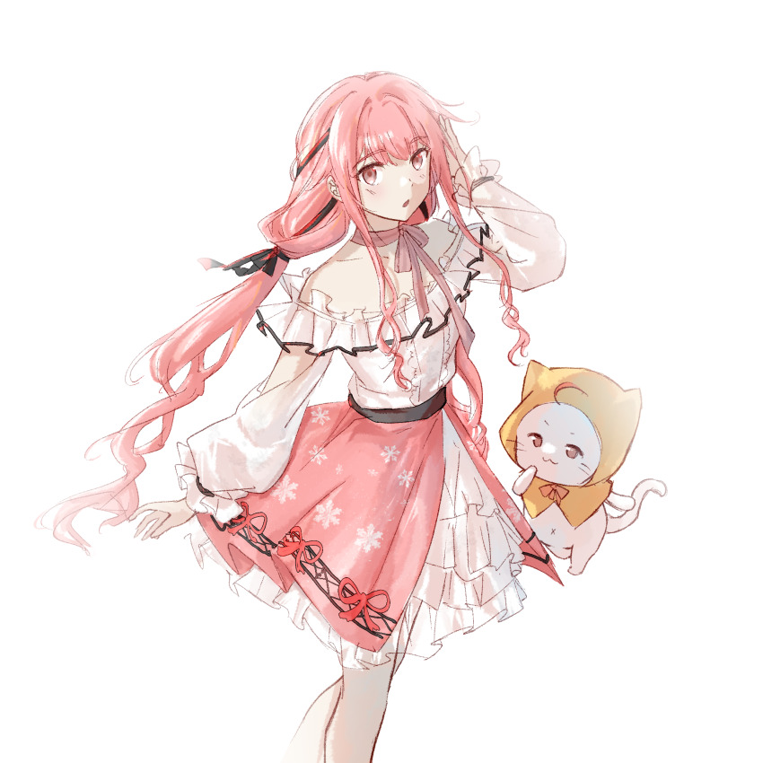 1girl, :3, :o, animal, bare_shoulders, belt, black_belt, black_bow