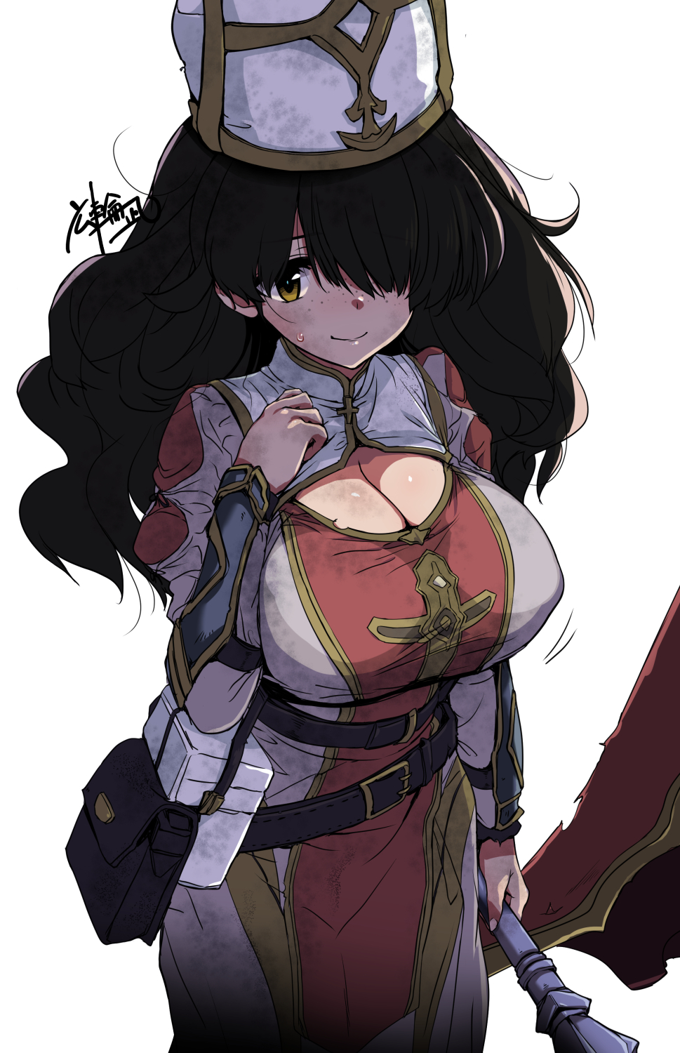 1girl, arm_guards, artist_request, belt, belt_buckle, black_hair, breasts, brown_eyes, buckle, cleavage, cleric, cross, dirty, dirty_clothes, freckles, hair_over_one_eye, hat, highres, holding, holding_mace, holding_weapon, large_breasts, long_hair, looking_at_viewer, mace, mitre, shiny_skin, shy, simple_background, smile, sweatdrop, weapon, white_background, white_hat, wizardry, wizardry_variants_daphne