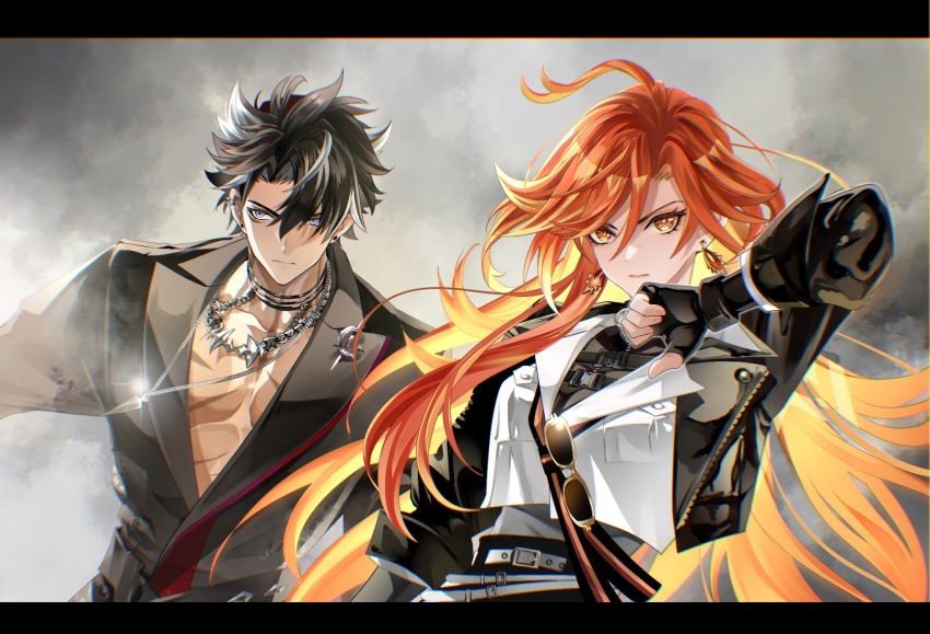 1boy, 1girl, abs, belt, black_choker, black_gloves, black_hair, black_jacket