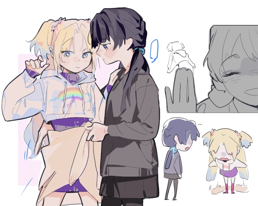 2girls, black_pantyhose, black_skirt, blank_speech_bubble, blonde_hair, blue_eyes, blue_hair, blue_ribbon