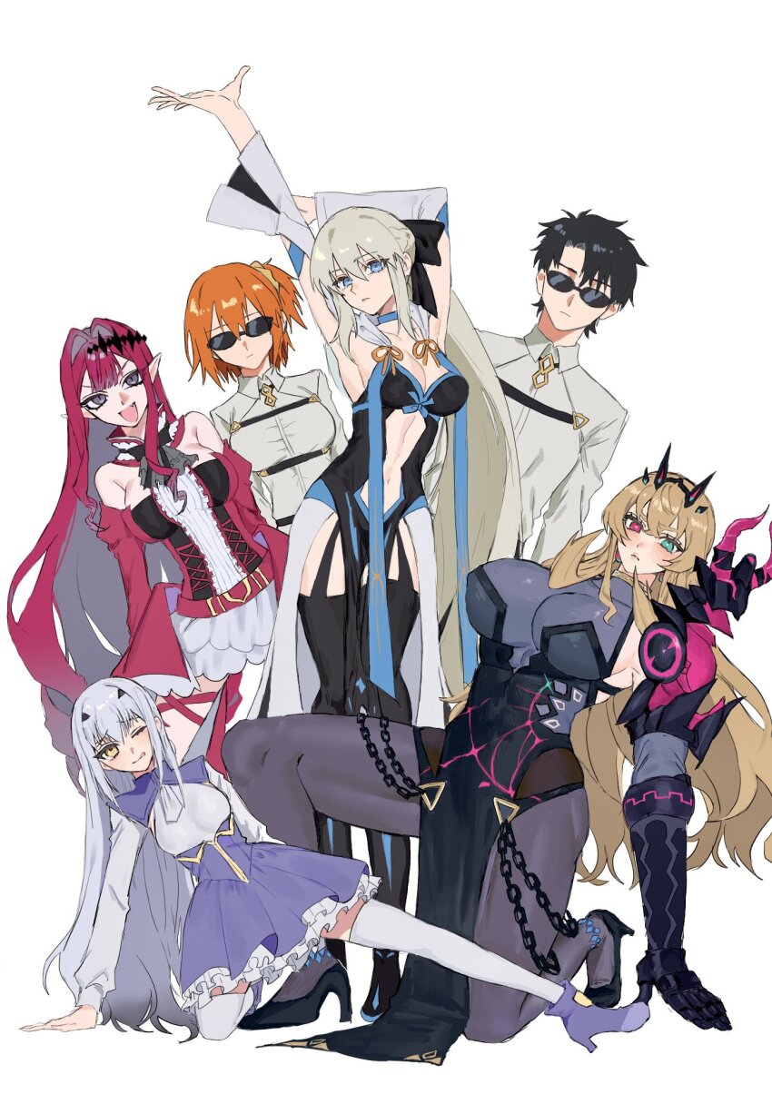 1boy, 5girls, ;q, arm_up, baobhan_sith_(fate), baobhan_sith_(first_ascension)_(fate), bare_shoulders, barghest_(fate)