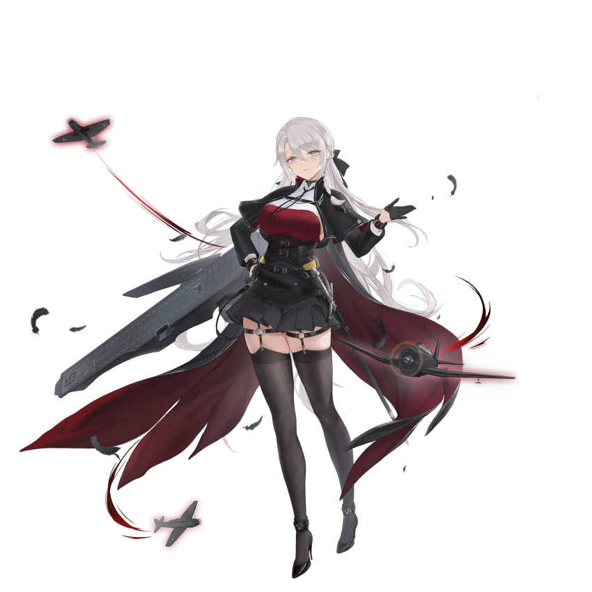 1girl, artist_request, black_bow, black_cape, black_dress, black_gloves, black_skirt, black_thighhighs, bow, breasts, cape, dress, flight_deck, full_body, gloves, grey_eyes, high_heels, highres, multicolored_cape, official_art, randolph_(warship_girls_r), red_cape, rigging, scabbard, sheath, skirt, solo, stiletto_heels, sword, tbf_avenger, thighhighs, transparent_background, warship_girls_r, weapon, white_hair