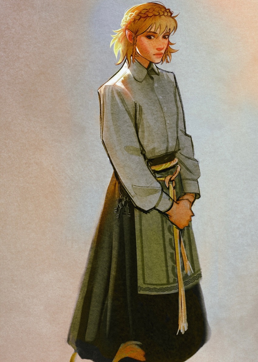 1girl, alternate_eye_color, blonde_hair, braid, braided_sidelock, brown_eyes, freckles, green446004