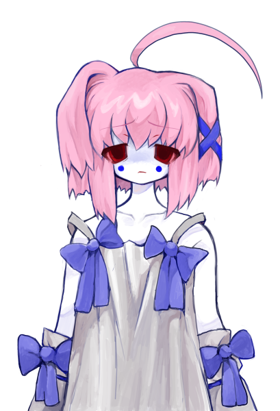 ahoge, bob_cut, bow, colored_skin, dress, frown, hair_ornament, heartlovepowertemple