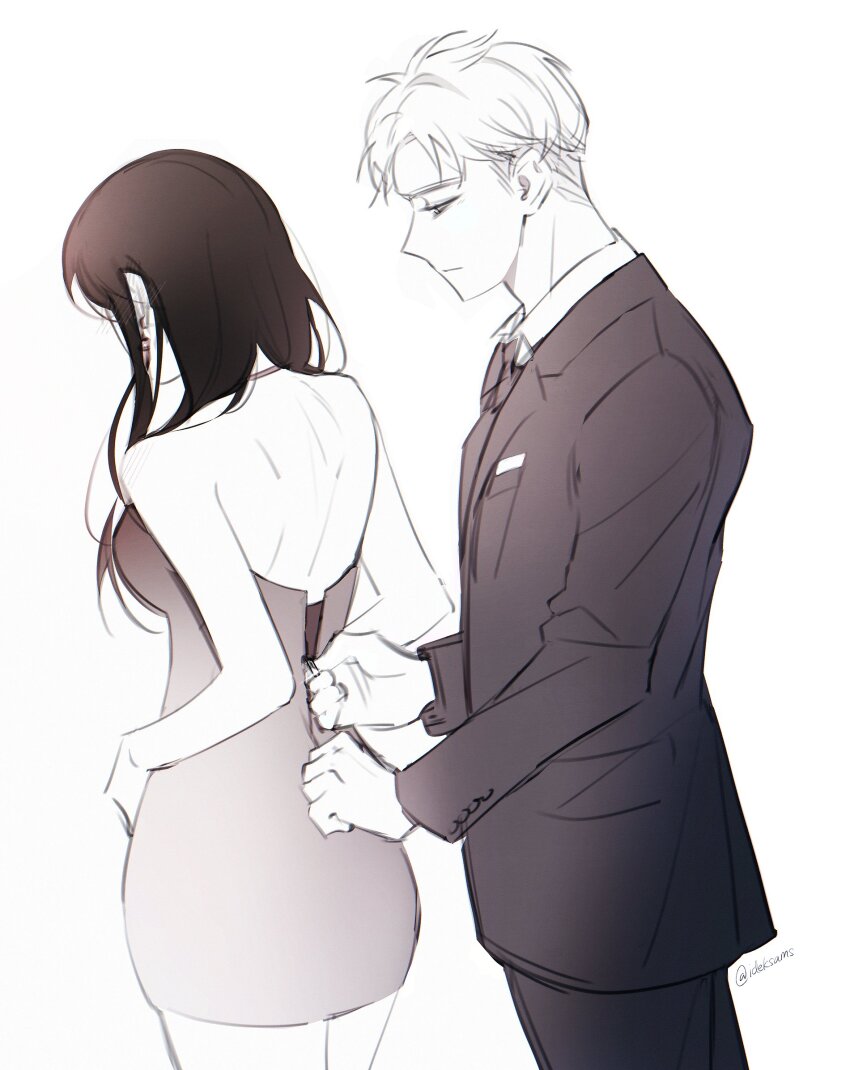 1boy, 1girl, adjusting_another's_clothes, bare_arms, bare_shoulders, black_hair, breasts, collared_shirt