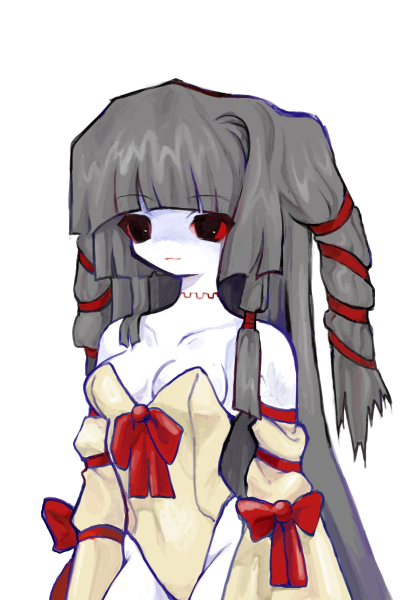 asymmetrical_hair, blunt_bangs, bow, breasts, cleavage, colored_sclera, colored_skin, grey_hair, heartlovepowertemple, iroja, leotard, non-web_source, rabbitmaiden_softworks, red_sclera, rgb_paw, transparent_background, variant_set, white_skin, yogurt200