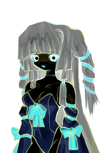 asymmetrical_hair, black_skin, blunt_bangs, bow, colored_skin, grey_hair, hair_ribbon, heartlovepowertemple