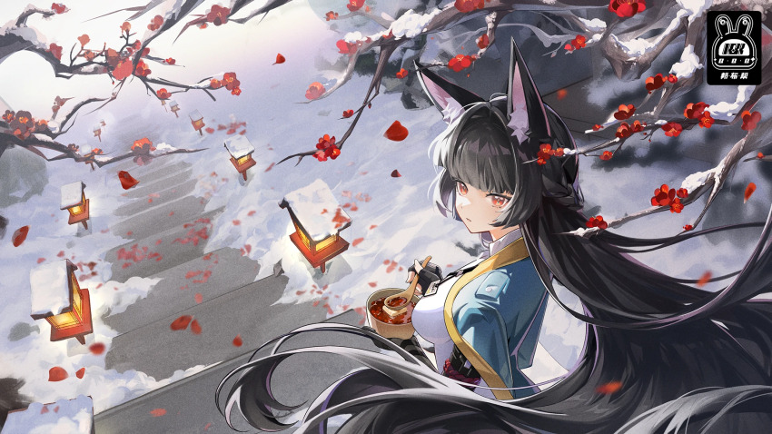 1girl, adzuki_bean, animal_ear_fluff, animal_ears, artist_request, black_gloves, black_hair, blunt_bangs, bowl, branch, chinese_spoon, closed_mouth, commentary_request, expressionless, fingerless_gloves, food, fox_ears, fox_girl, gloves, green_jacket, highres, holding, holding_bowl, holding_branch, holding_spoon, hoshimi_miyabi, jacket, long_hair, looking_at_viewer, mochi, outdoors, red_eyes, shirt, shiruko_(food), sidelocks, single_fingerless_glove, snow, solo, spoon, stairs, tree, upper_body, zenless_zone_zero