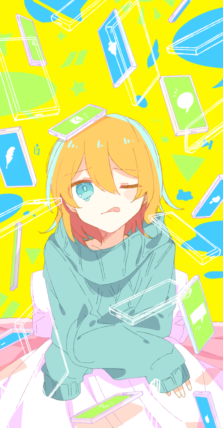 1girl, ;p, absurdres, arusechika, blanket, blush, cellphone, commentary_request