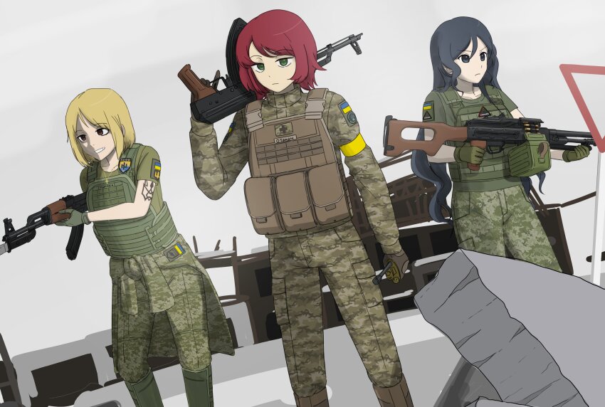 1boy, absurdres, ak-47, aks-74u, ammunition_pouch, androgynous, arm_tattoo, armband