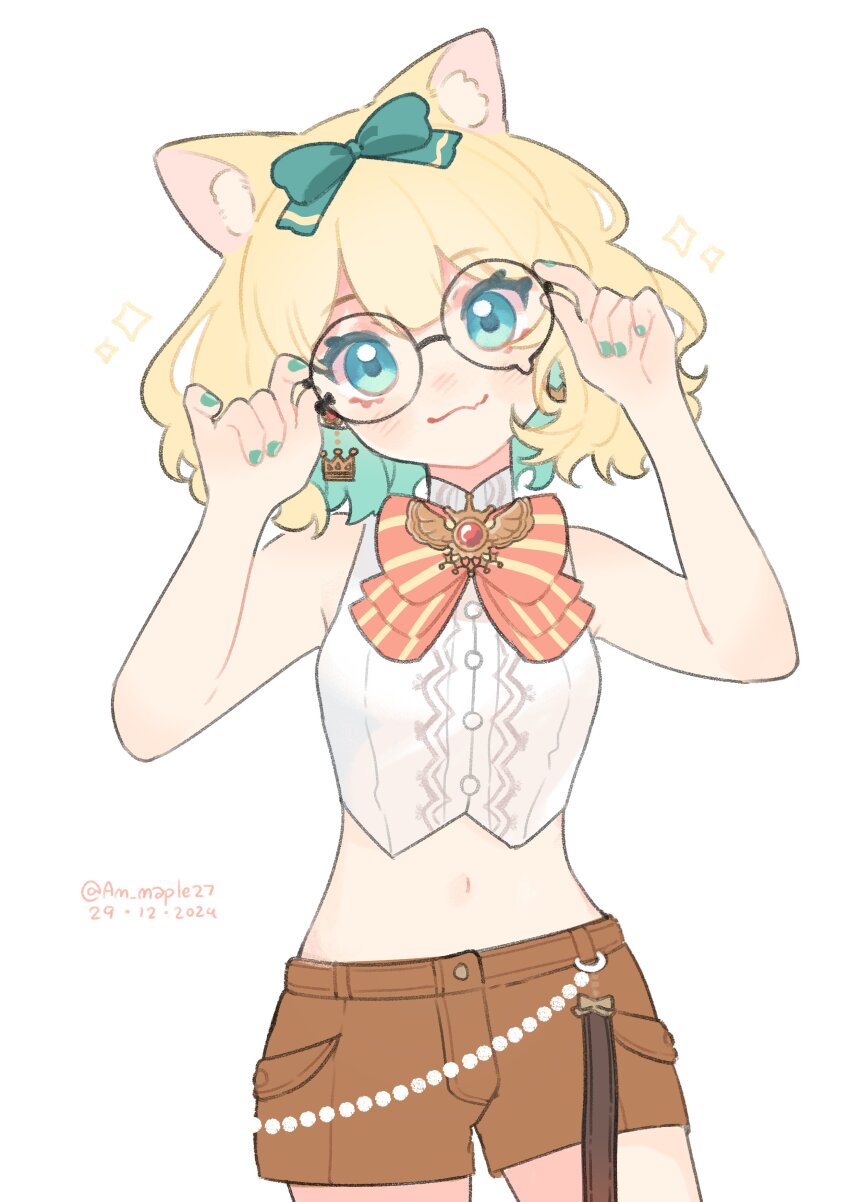 1girl, :3, absurdres, adjusting_eyewear, am_(maple27), animal_ear_fluff, animal_ears, aqua_eyes