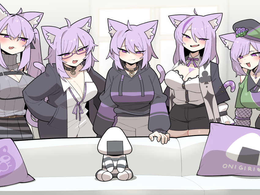 1other, 5girls, :3, absurdres, animal_ear_fluff, animal_ears, beret, black_hoodie, breasts, cat_ears, cat_tail, clone, cocomayo29_(tomato), commentary_request, couch, drawstring, fang, half-closed_eyes, hands_in_pocket, hat, highres, hololive, hood, hood_down, hoodie, indoors, korean_commentary, large_breasts, looking_at_another, loose_neck_ribbon, meme, multiple_girls, naughty_face, neck_ribbon, nekomata_okayu, nekomata_okayu_(1st_costume), nekomata_okayu_(8th_costume), nekomata_okayu_(oversized_shirt), nekomata_okayu_(poisonya_syndrome), nekomata_okayu_(wonderland), onigirya_(nekomata_okayu), photo-referenced, pillow, piper_perri_surrounded_(meme), purple_eyes, purple_hair, purple_ribbon, ribbon, short_hair, sitting, standing, tail, virtual_youtuber