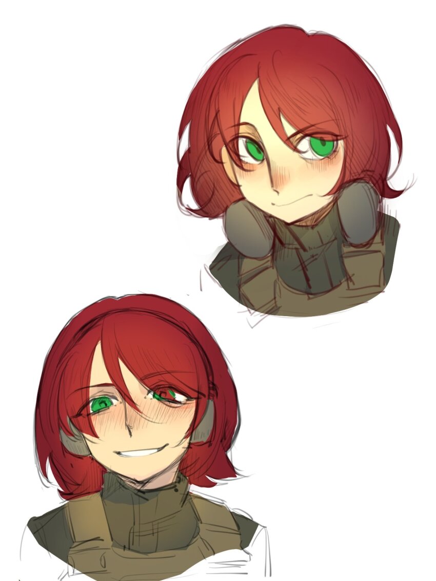 1boy, androgynous, bad_source, blush, bulletproof_vest, chen_feng_(slbdofcl), green_eyes, grin, headphones, headphones_around_neck, highres, kenneth_del_duca, long_hair, messy_hair, military, military_combat_uniform, military_uniform, multiple_views, original, otaman_(mariverse), red_hair, sketch, smile, smirk, smug, trap, war, white_background