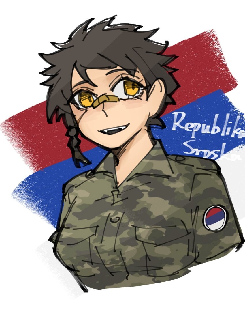 1girl, bad_source, bandaid, bandaid_on_face, bandaid_on_nose, black_hair, bosnian_war, braid, camouflage, chen_feng_(slbdofcl), facial_scar, fang, fangs, hat, highres, jacket, military, military_fatigues, military_hat, military_jacket, military_uniform, open_mouth, original, republika_srpska, republika_srpska_(chen_feng), scar, scar_on_cheek, scar_on_face, serbia, serbian_flag, sharp_teeth, short_hair, smile, teeth, tomboy, upper_body, yellow_eyes, yugoslav_wars