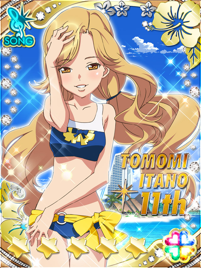 1girl, akb0048, beach, bikini, bow, brown_eyes, brown_hair, card_(medium)