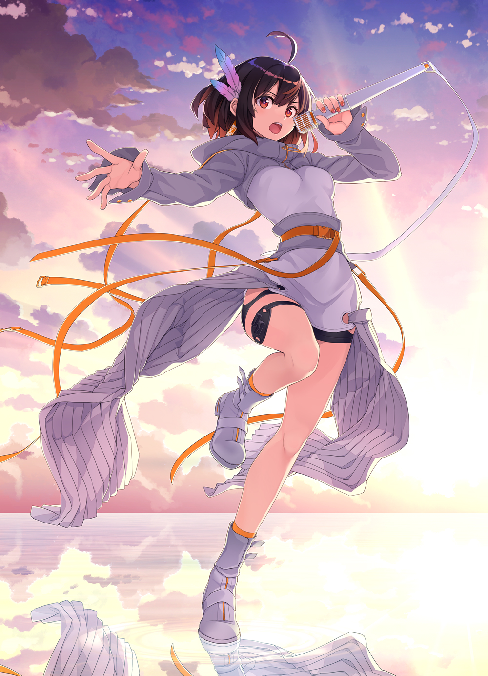 1girl, ahoge, black_shorts, boots, clothing_cutout, cloud, commentary_request, double-parted_bangs