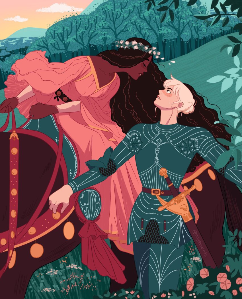 2girls, armor, belt, black_hair, blonde_hair, blush, chainmail, cloud