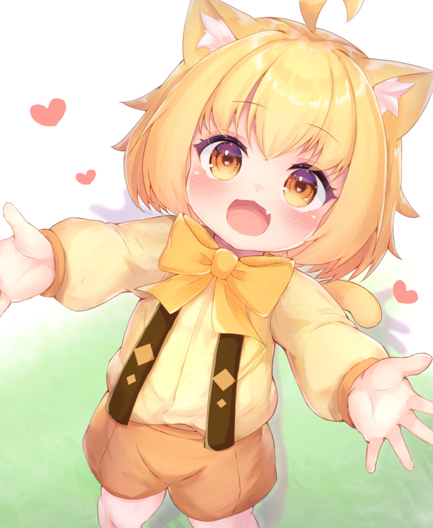 1girl, :d, absurdres, ahoge, animal_ear_fluff, animal_ears, bemani, blonde_hair, blush, bow, bowtie, brown_shorts, cat_ears, cat_girl, cat_tail, chrocatz, commentary_request, cowboy_shot, fang, heart, highres, hina_(sound_voltex), long_sleeves, looking_at_viewer, open_mouth, outstretched_arms, short_hair, shorts, smile, solo, sound_voltex, suspenders, sweater, tail, yellow_bow, yellow_bowtie, yellow_eyes, yellow_sweater