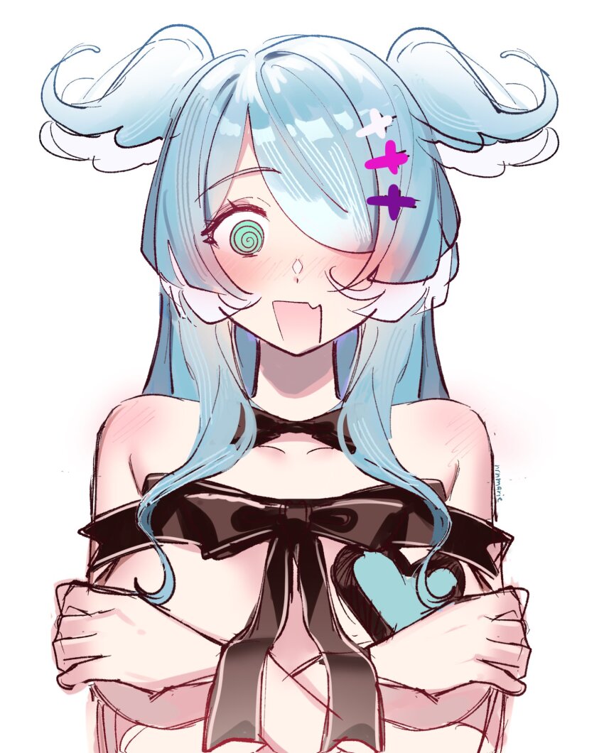 1girl, @_@, aqua_eyes, artist_name, black_bow, black_bowtie, blue_hair, blush