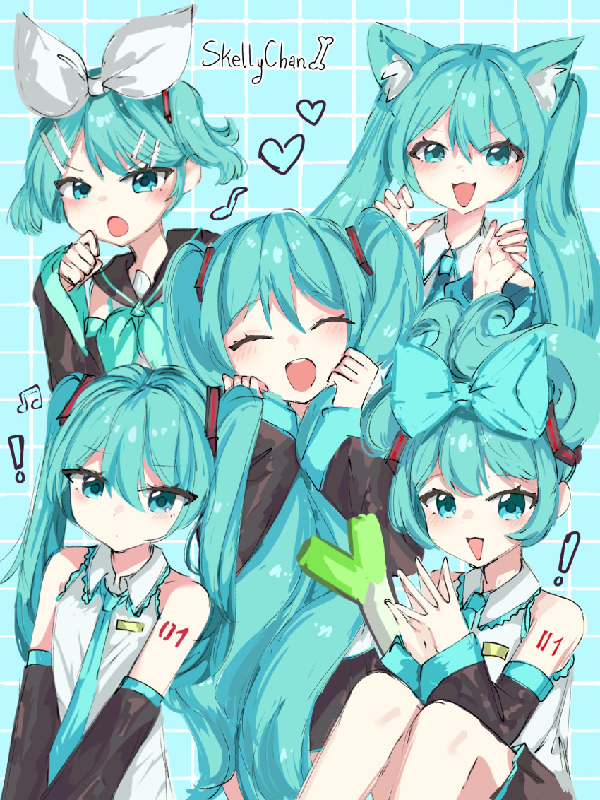 !, 1girl, :d, ^_^, animal_ears, aqua_bow, aqua_eyes, aqua_hair
