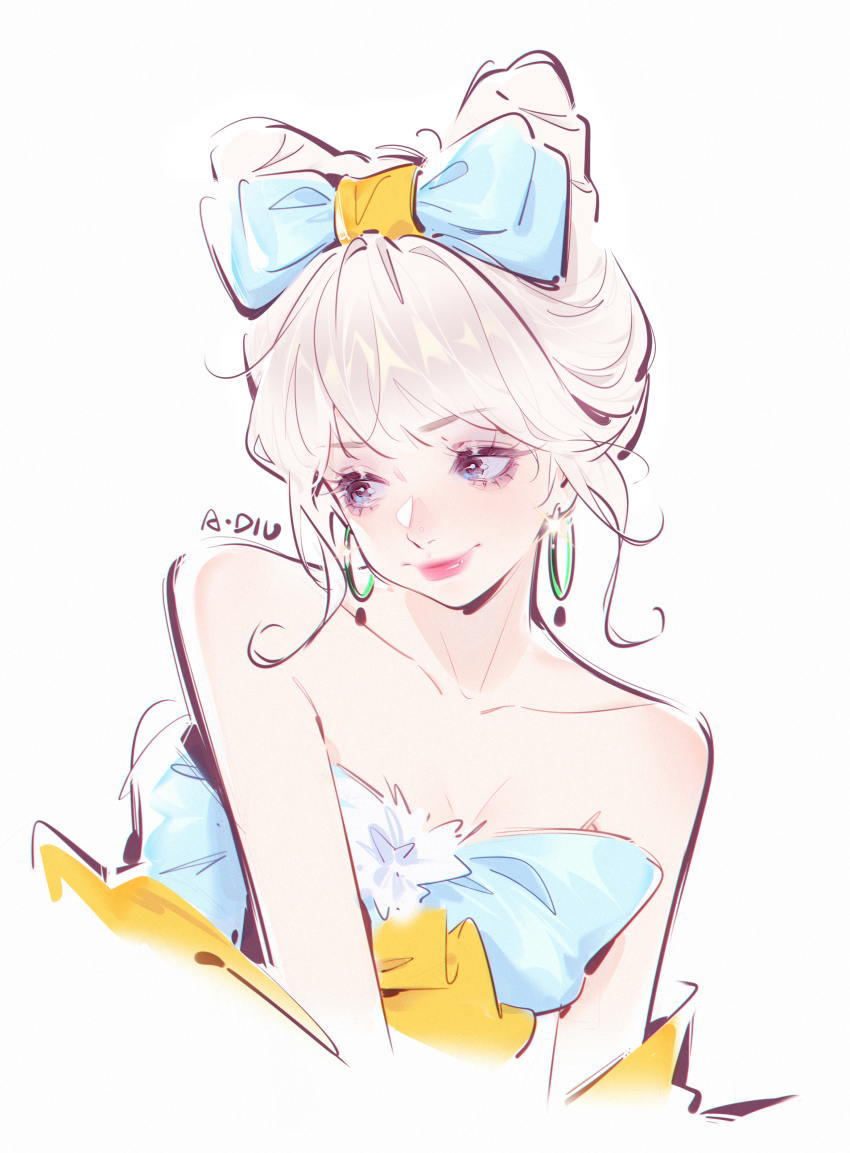 1girl, absurdres, adiu, bare_shoulders, blue_bow, blue_bowtie, blue_eyes, bow