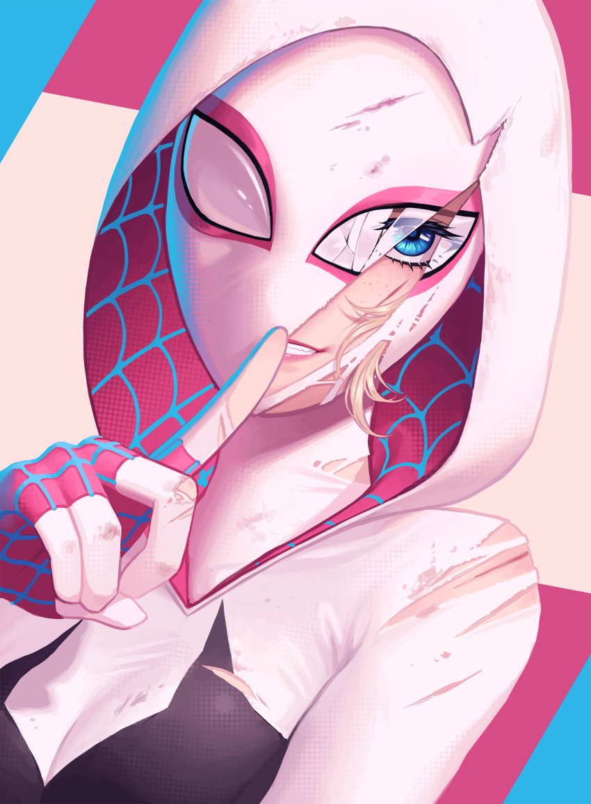 1girl, 5health, absurdres, black_bodysuit, blue_eyes, bodysuit, finger_to_mouth, gwen_stacy