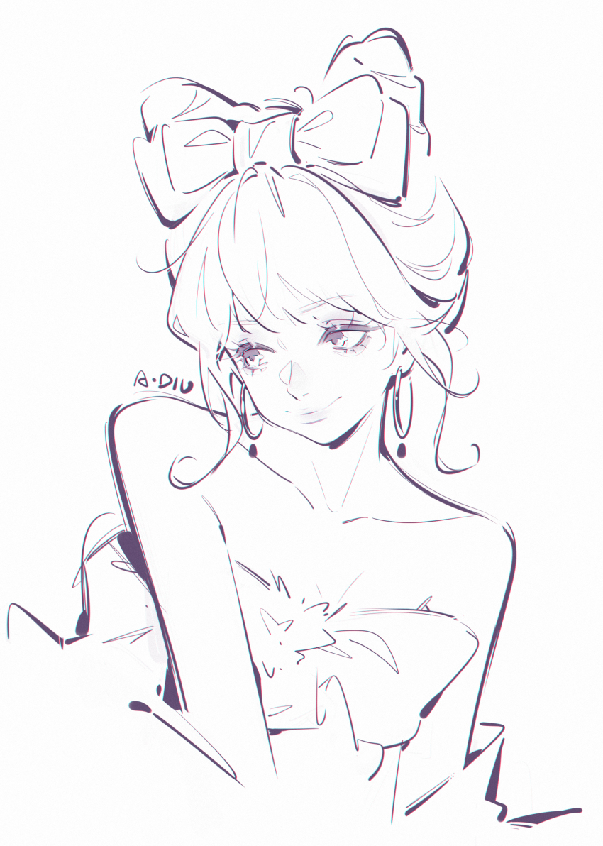 1girl, absurdres, adiu, bare_shoulders, bow, bow-shaped_hair, bowtie, breasts