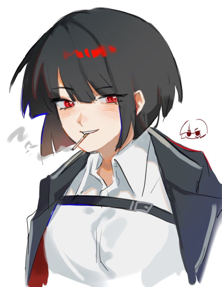 1girl, black_coat, black_hair, cigarette, coat, highres, limbus_company, neihve, open_clothes, open_coat, project_moon, red_eyes, ryoshu_(project_moon), shirt, short_hair, simple_background, sketch, smoke, smoking, solo, white_background, white_shirt