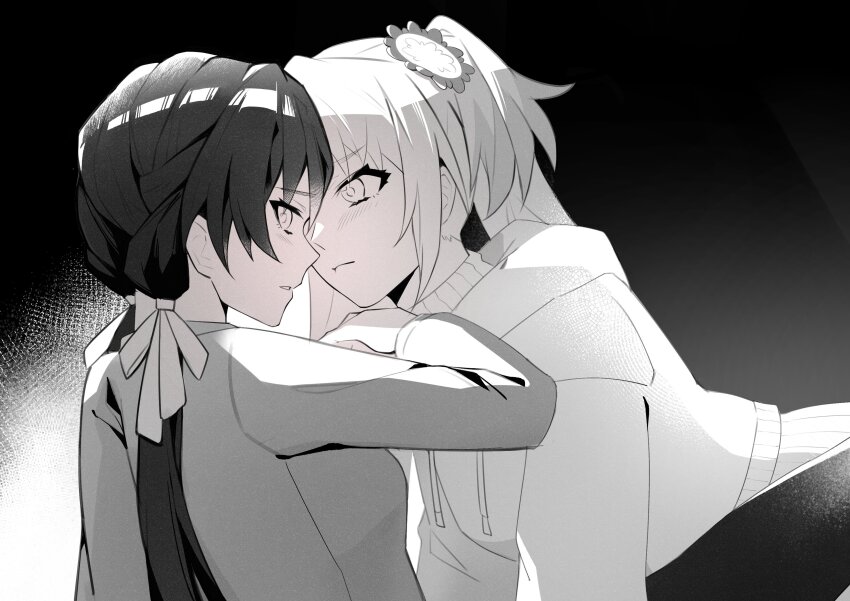 2girls, absurdres, achin_(putsi_2025), averting_eyes, black_background, blush, casual, closed_mouth