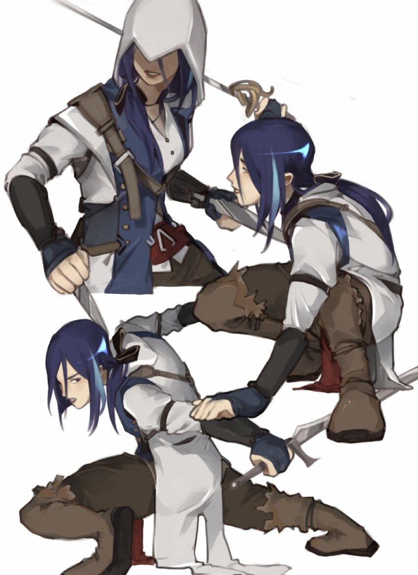 1girl, assassin's_creed_(series), assassin's_creed_iii, boots, brown_footwear, brown_pants, clorinde_(genshin_impact), coat